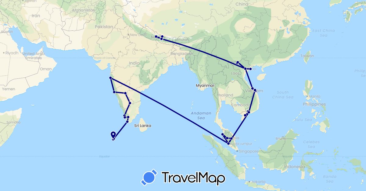 TravelMap itinerary: driving in India, Maldives, Malaysia, Nepal, Vietnam (Asia)